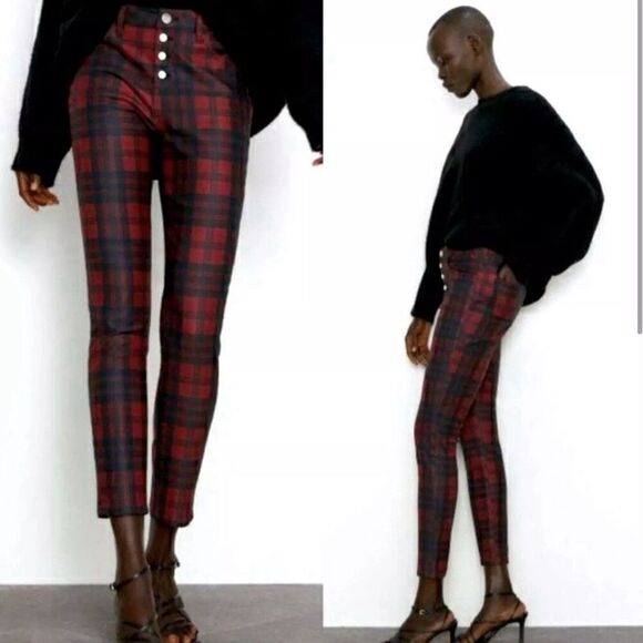 ZARA Sz 8 Women Pants Mid Rise Skinny Red Black Plaid Coated Button Fly Front - Picture 1 of 16